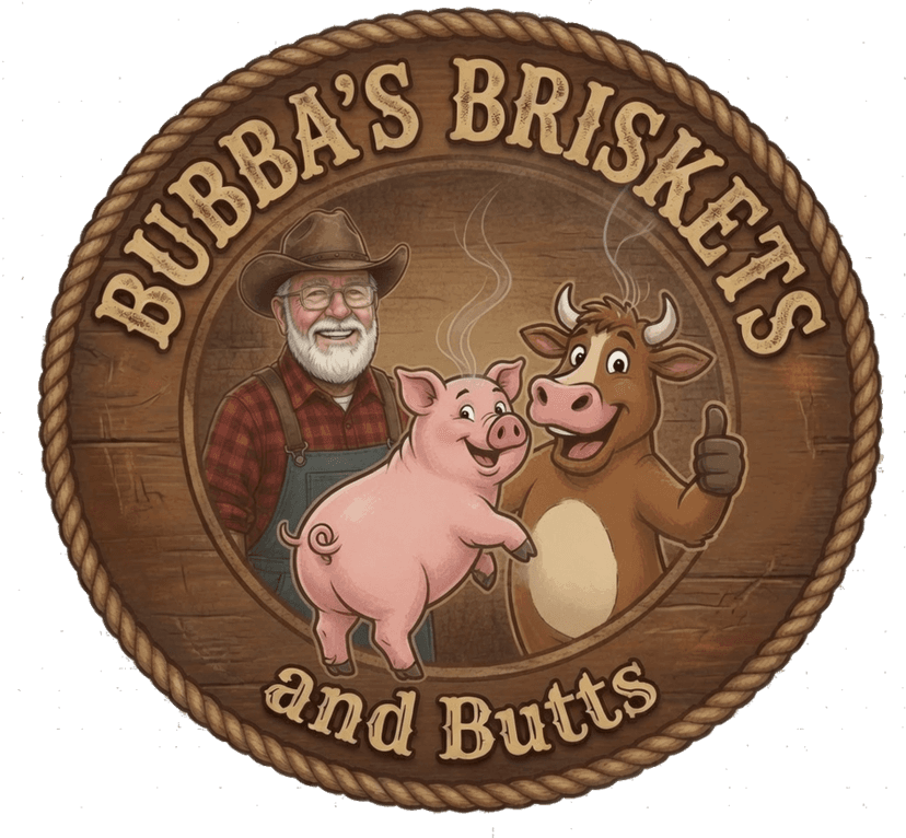 Bubba's Briskets and Butts — smiling pitmaster with a happy pig and steer on a wooden badge